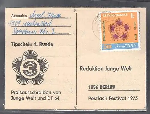  DDR Spendenmarke 1 auf Karte gestempelt, Mi. 90 €.
