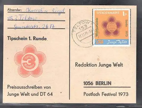  DDR Spendenmarke 1 auf Karte gestempelt, Mi. 90 €.