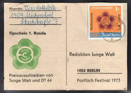  DDR Spendenmarke 1 auf Karte gestempelt, Mi. 90 €.