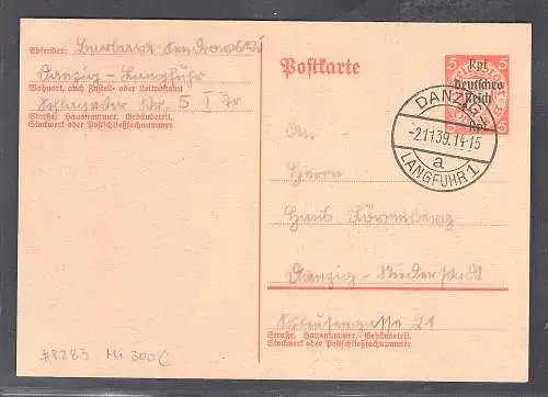 DR. Ganzsache P 283  als Ortskarte in Danzig gelaufen.