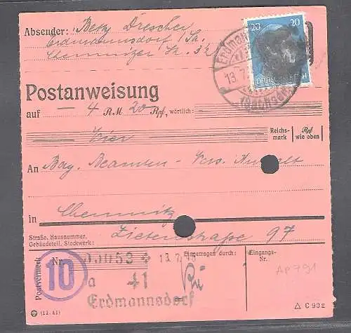 SBZ., Säch. Schwärzung, Postanweisung mit EF. AP. 791 von Erdmannsdorf.