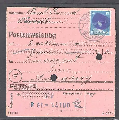 SBZ., Säch. Schwärzung, Postanweisung mit EF. AP. 791 von Bärenstein