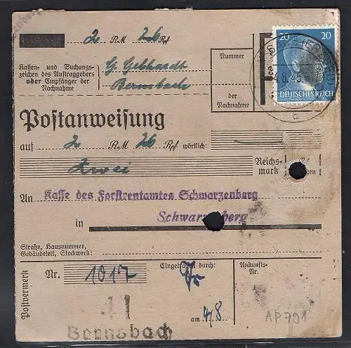 SBZ., Säch. Schwärzung, Postanweisung mit EF. AP. 791 von Bernsbach