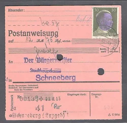 SBZ., Säch. Schwärzung, Postanweisung mit EF. AP. 794 von Schneeberg