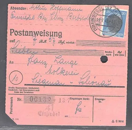SBZ., Säch. Schwärzung, Postanweisung mit EF. AP. 791 von Einsiedel.