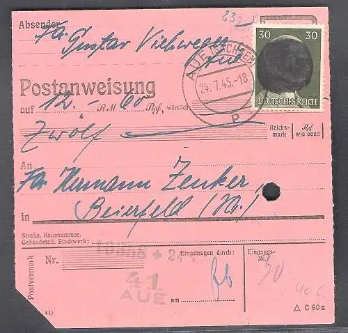 SBZ., Säch. Schwärzung, Postanweisung mit EF. AP. 794 von AUE