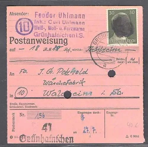 SBZ., Säch. Schwärzung, Postanweisung mit EF. AP. 794 von Grünhainschen.