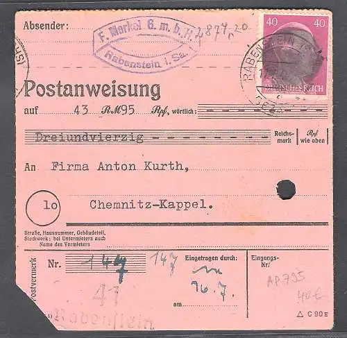 SBZ., Säch. Schwärzung, Postanweisung mit EF. AP. 795 von Rabenstein.