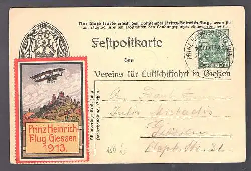 DR. Prinz Heinrich Flug, sonderkarte "Nebenetappe Gießen" mit Vignetten gelaufen
