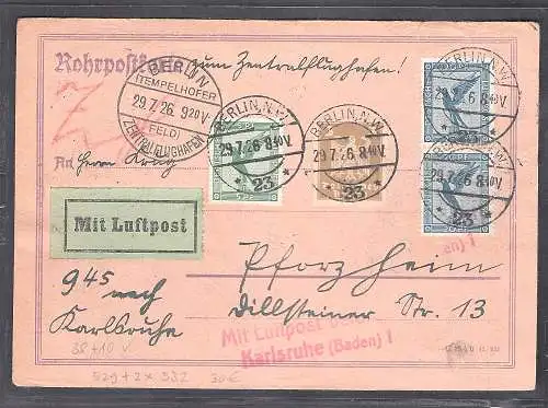 DR. Luftpost-Rohrpost-Karte mit MiF. Mi.-Nr. 8529+532 u.a.