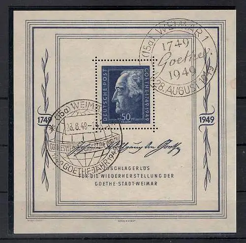 SBZ., Mi.-Nr. Block 6, Goethe-Block gest. mit zwei verschiedenen S.-Stempeln