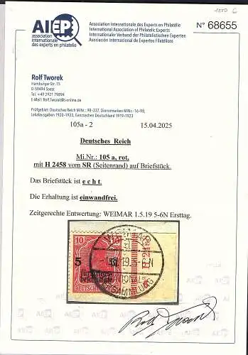 DR., Mi.-Nr. 105 a mit H 2458 vom SR. Luxus gest. auf Briefstück, FA. Tworek.