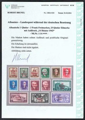 Dt. Besetzung 1939/45 Albanien Mi.-Nr. 1-14 postfrisch, FA. Brunel.