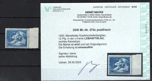 DDR. Mi.-Nr. 273 c vom rechten Seitenrand, postfrisch, Befund Mayer.