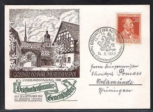 Gemeinshaftausgabe Sonderpostkarte  60 Jahre Phila. in Gössnitz, Kreide Papier. 