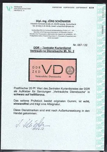DDR. ZKD Mi.-Nr. VD 2 postfrisch mit FA. Schönherr