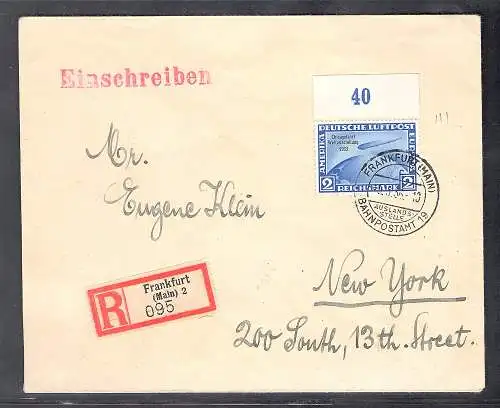 DR. EF. Mi.-Nr. 438 X mit OR. als R.-Auslandbrief nach new York gelaufen.