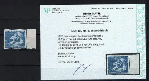 DDR. Mi.-Nr. 273 c vom rechten Seitenrand, postfrisch, Befund Mayer.