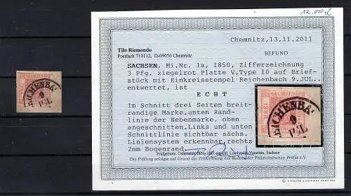 AD. Sachsen Mi.-Nr. 1 a auf Briefstück gestempelt,  FA. Rismondo.