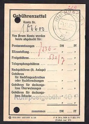 Rohrpost München, Gebührenzettel.