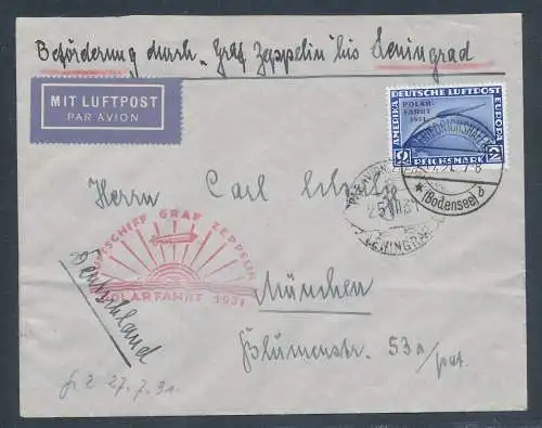 Zeppelin-Brief mit EF. Polarfahrt DR. Mi.-Nr. 457, sign. SchlegelBPP.