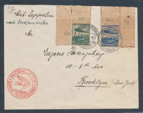 Zeppelin-Brief Nordamerikafahrt  mit  DR. Mi.-Nr. 606-607 Eckrandstücke.