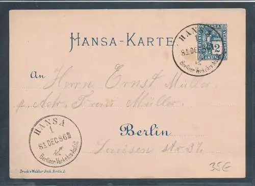 Privatpost, Hansa Berlin 2 Pf Ganzsache Karte gelaufen