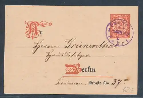 Privatpost, Stadtbrief Beförderung Berlin, 2 Pfg. rot, gebraucht. 1 Jan 1887.