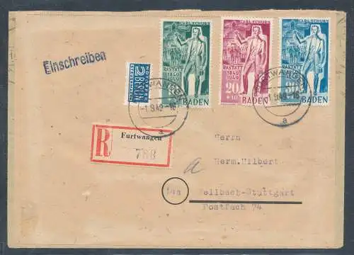 Fr.-Zone  Baden Mi.-Nr. 150-152 auf R-Fern-Brief.