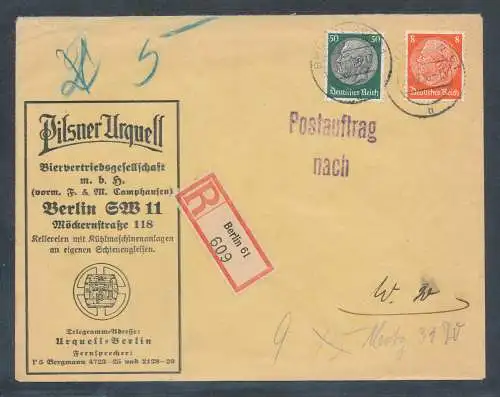 DR. Reklamebrief Pilsener Urquell Berlin, als R.-Ortsbrief gelaufen.