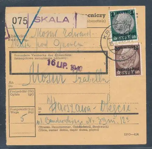 GG. Deutsche Post Osten Paketkarte mit Mi.-Nr. 5 + 12 aus Skala.