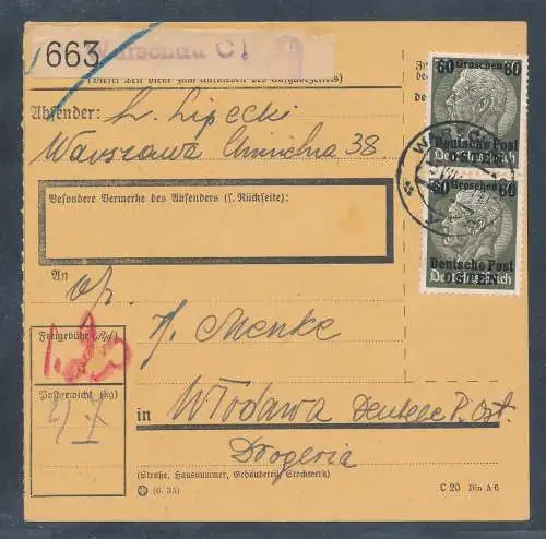 GG. Deutsche Post Osten Paketkarte mit Me.F. Mi.-Nr. 10, sign. PeifferBPP.