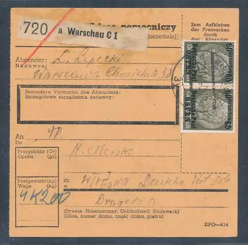 GG. Deutsche Post Osten Paketkarte mit Me.F. Mi.-Nr. 10, sign. PeifferBPP.