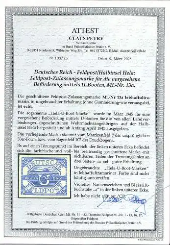 Dt. Feldpost II.WK.Hella U-Boot Mi.-Nr. 13 a ungebraucht  FA.. Gabisch.