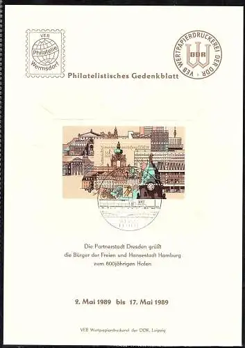 DDR - Gedenkblatt, 800 Jahre Hamburger Hafen, B15-1989.