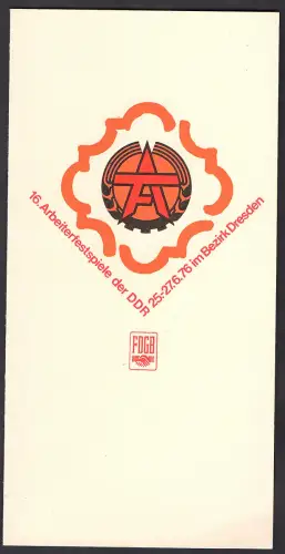 DDR - Gedenkblatt, 16. Arbeiterfestspiele der DDR im Dresden, C9-1976.