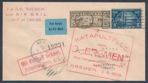 USA. Katapultflug D. Bremen Luftpostbrief n. Leipzig 1929