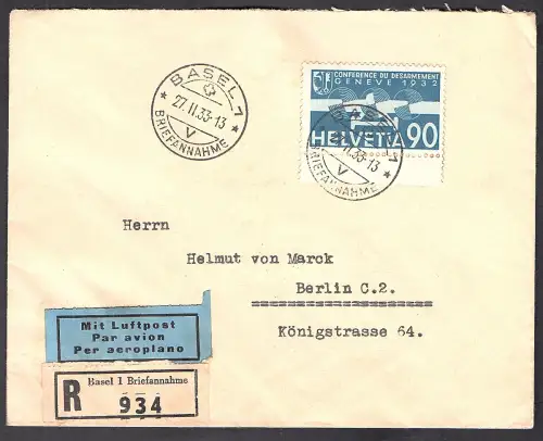 Schweiz, R-BLuftpost-Auslandbrief  mit EF. Mi.-Nr. 258