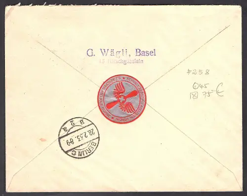 Schweiz, R-BLuftpost-Auslandbrief  mit EF. Mi.-Nr. 258