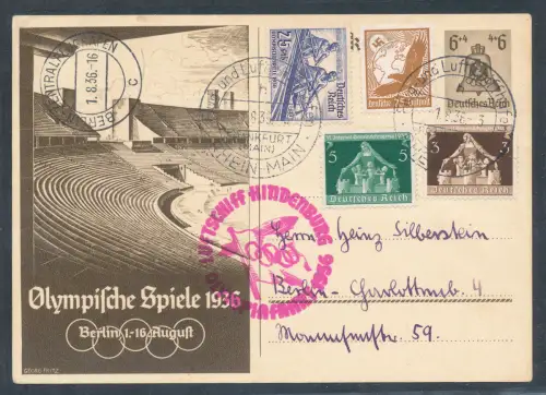 Zeppelin-Karte, Olympiafahrt  1936 mit Olympia Ganzsache P259  u.a.