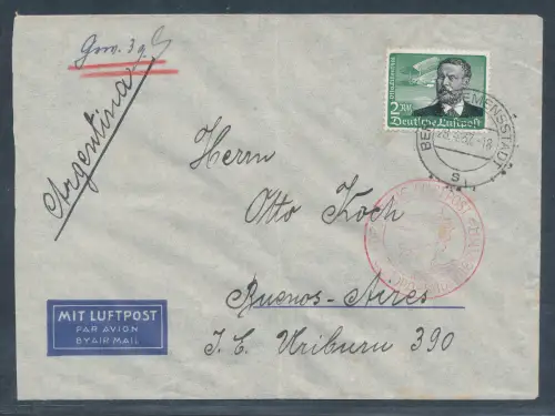 DR. Zeppelin-Brief  Südamerikafahrt nach Buenos-Aires mit EF. Mi.-Nr. 538.