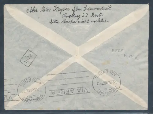 DR. Zeppelin-Brief  Südamerikafahrt nach Buenos-Aires mit EF. Mi.-Nr. 538.