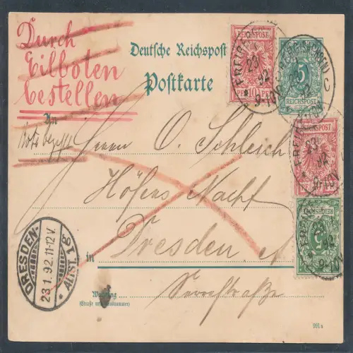 DR. 5 pf. Krone-Adler Ganzsache mit Zu. Fr. als Eilbote-Karte gelaufen. 