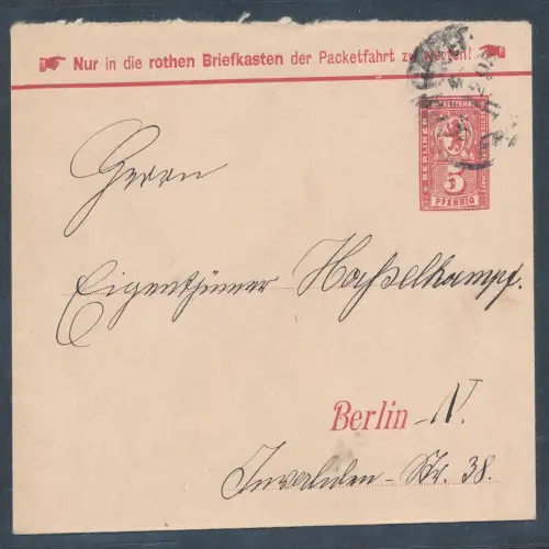 Privatpost, 5 Pf. Ganzsache-Brief Berliner Packetfahrt gelaufen.