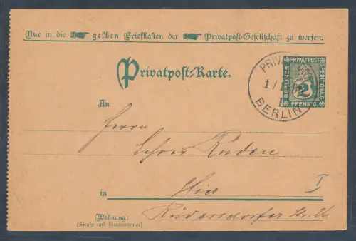 Privatpost, 2 Pf. Ganzsache-Karte Berliner Privatpost Spedition gelaufen.