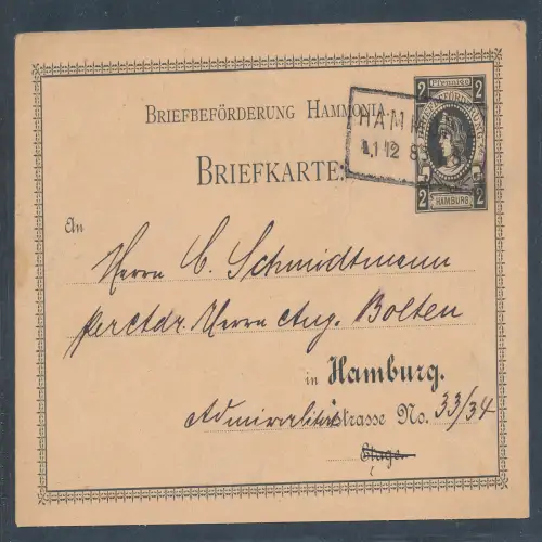 Privatpost, 2 Pf. Ganzsache-Karte Hammonia Hamburg gelaufen.