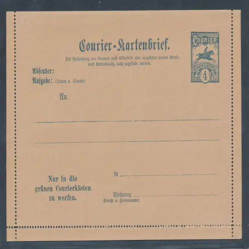 Privatpost, 4 Pf. Ganzsache-Kartenbrief Courier Barmen-Eberfeld ungebraucht.