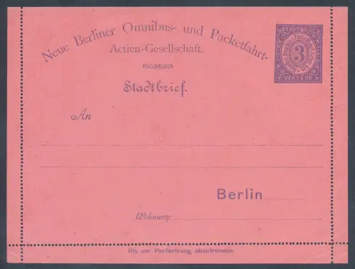 Privatpost, 3 Pf. Ganzsache-Brief Berliner Packetfahrt ungebraucht.