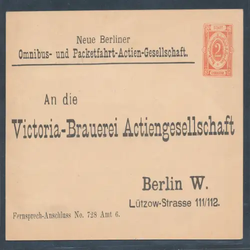 Privatpost, 2 Pf. Ganzsache-Karte Berliner Packetfahrt ungebraucht.