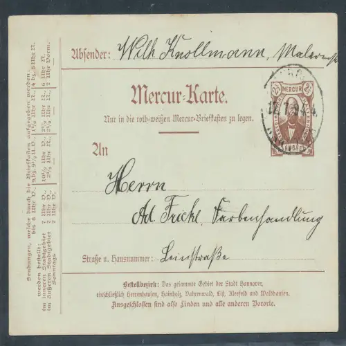 Privatpost, 2,5 Pf. Ganzsache-Karte Mercur Hannover gelaufen.